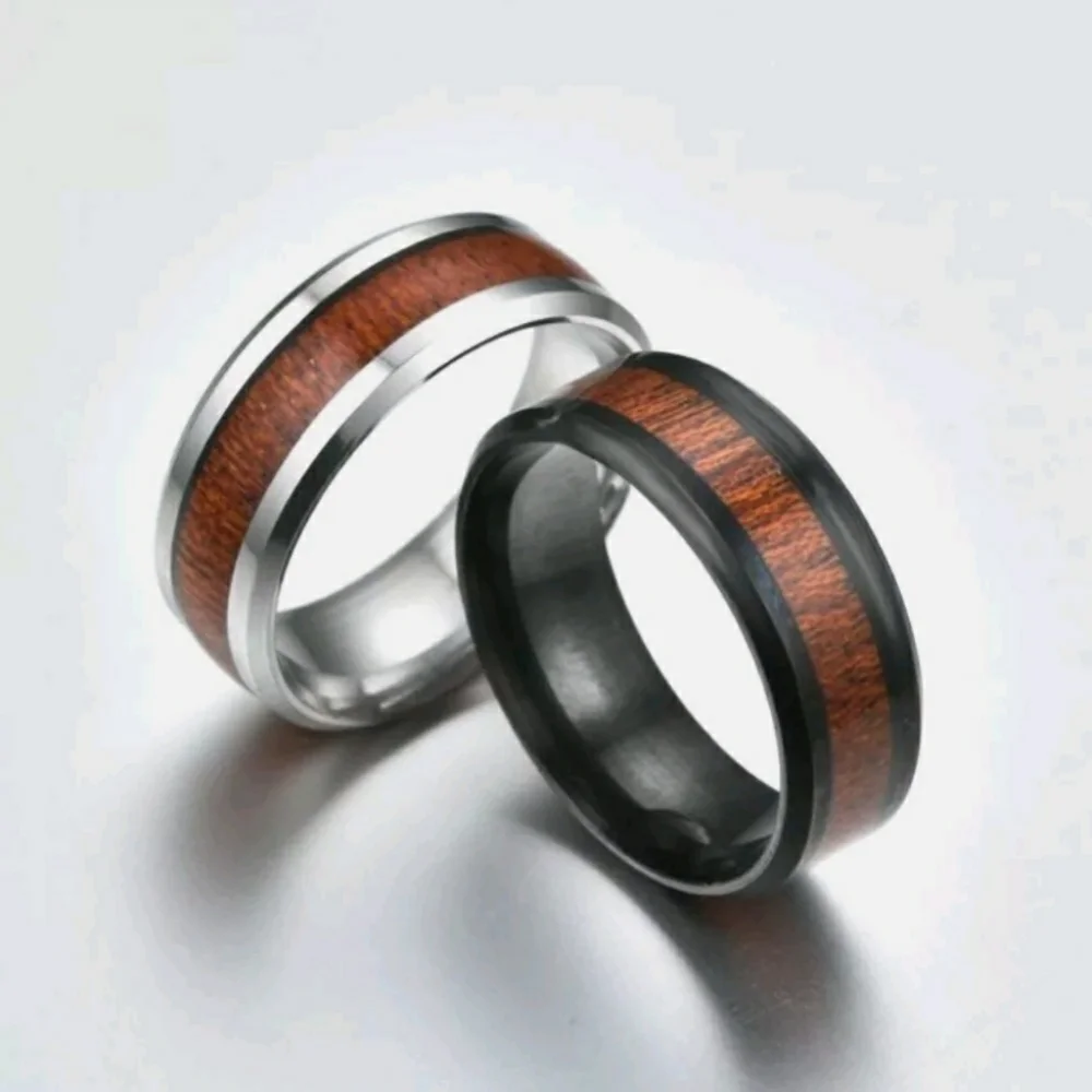 Black Tungsten Wood Inlay 8mm Wide Bevel Edge Band Ring